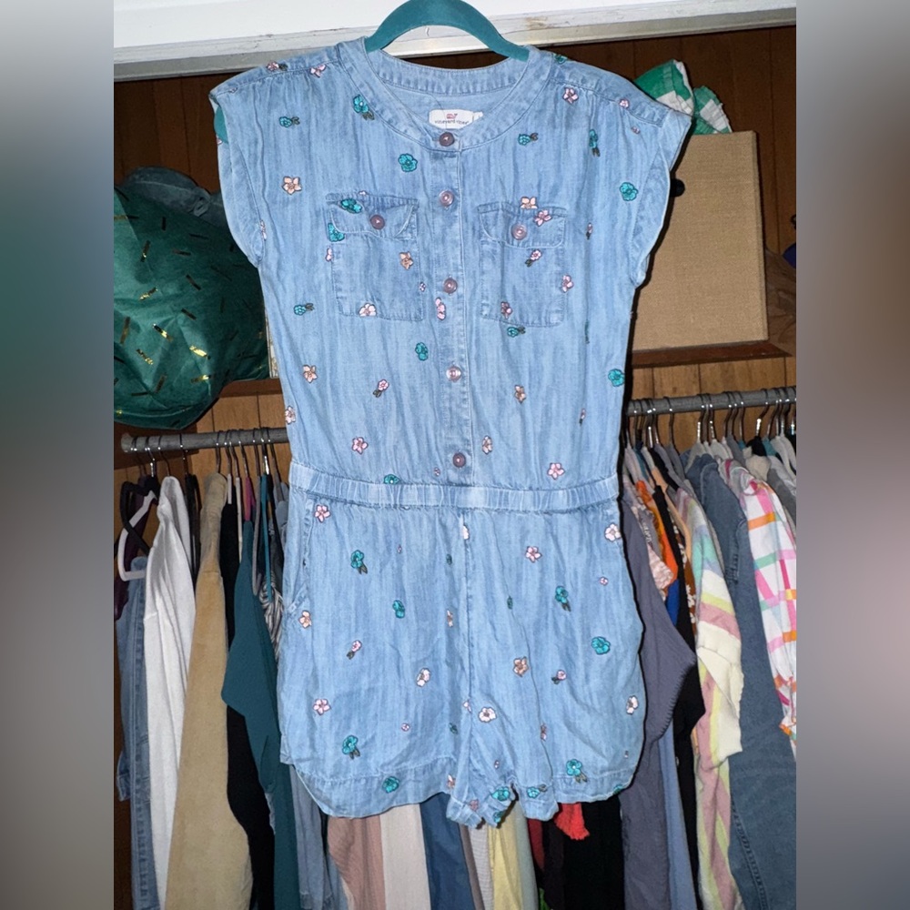 Vineyard Vines Blue Embroidered Denim Romper